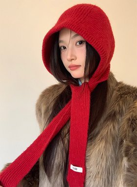含羊毛圣诞新年红色帽子围巾一体女冬季毛线围脖连帽巴拉克拉法帽