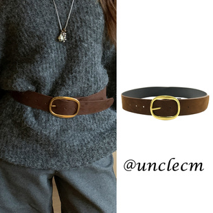 复古高级感麂皮绒面棕色腰带女士配裙子牛仔裤 大衣腰封 宽皮带西装