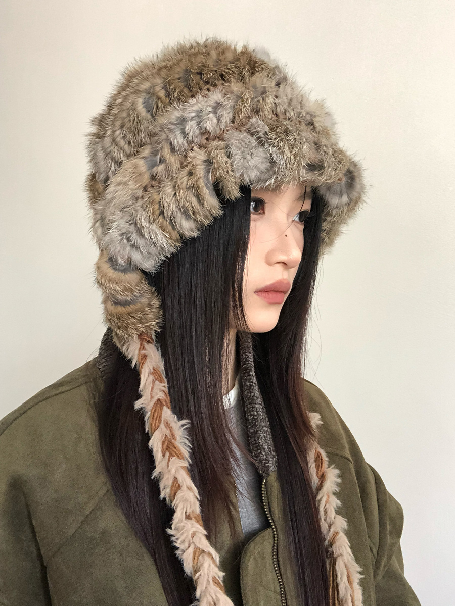 Rabbit Fur Blended Hat for Women in Autumn and Winter, Thickeneded Warm Woolen Hat, Cold-Proof Ear Protection, Face-Showing Small Baotou Hat, Pullover Hat