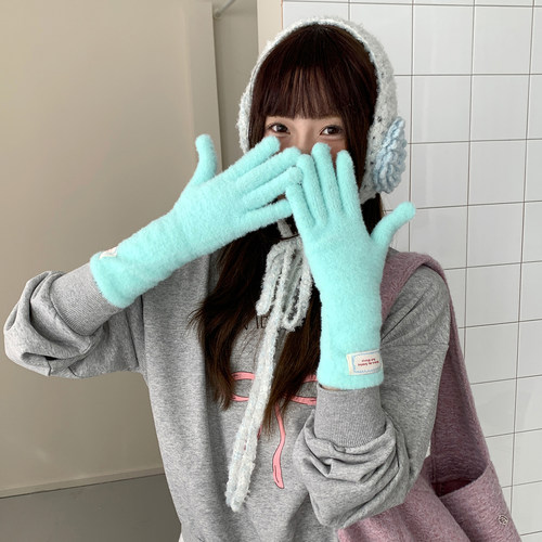 毛绒软糯针织手套女冬韩系糖果色