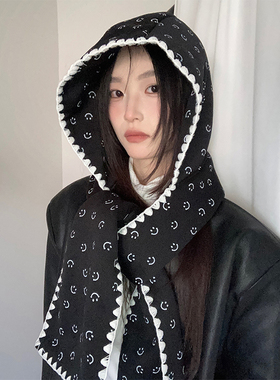 韩版笑脸印花帽子围巾一体秋冬季大头围加绒斗篷披肩外搭保暖围脖