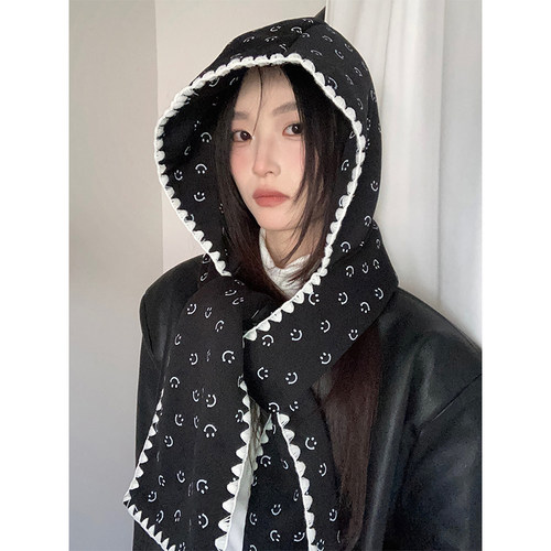 韩版秋冬季笑脸印花帽子围巾一体
