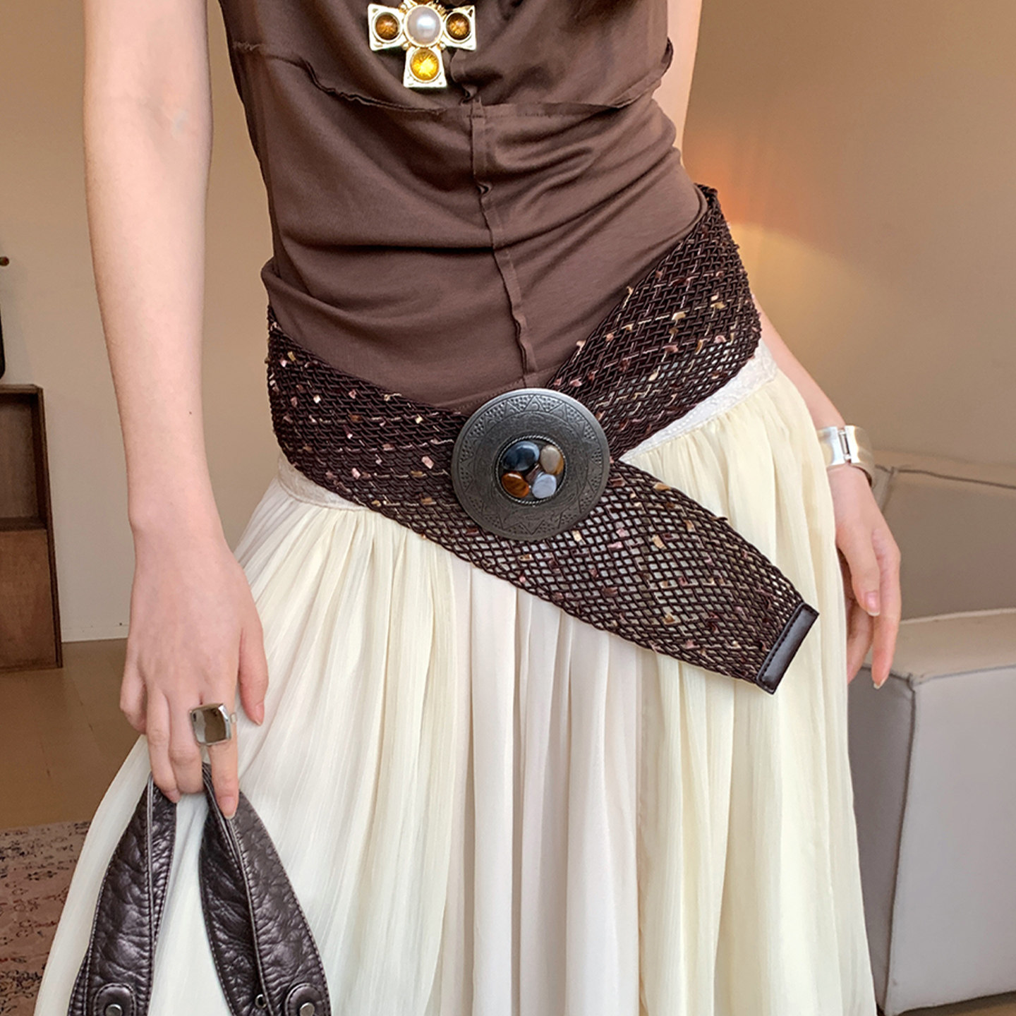 重工复古编织宽腰带女美式嬉皮部落风圆盘腰封配裙子牛仔裤带配饰