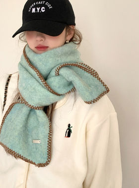 针织围巾女秋冬韩系氛围感加厚锁边保暖纯色围脖软糯护颈百搭绿色