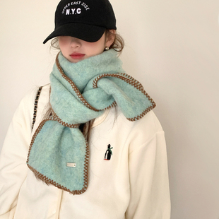 针织围巾女秋冬韩系氛围感加厚锁边保暖纯色围脖软糯护颈百搭绿色