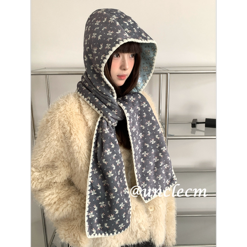 韩系双面可爱兔子帽子围巾一体女