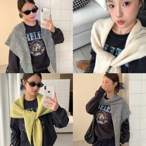 含羊毛纯色针织三角巾披肩女