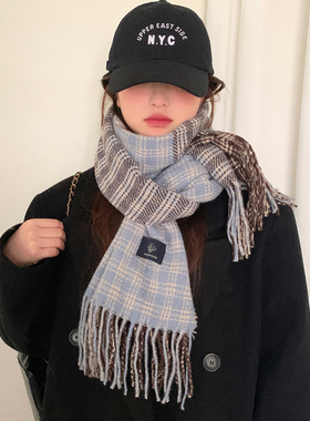 韩系秋冬氛围感蓝咖拼色格子围巾女保暖护颈双面围脖防寒百搭新款
