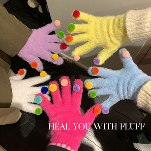 分指骑行保暖防寒五指分指 韩版 可触屏彩色小球手套女冬季 2025新款