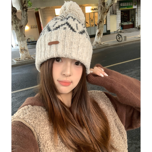 复古费尔岛提花毛球针织帽子女
