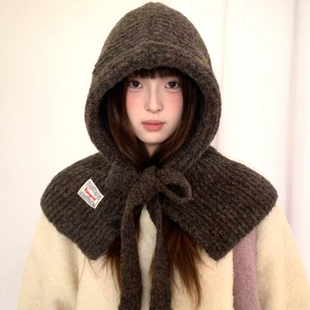 含羊毛灰色帽子围巾一体式冬季大头围针织护耳保暖巴拉克拉法帽女