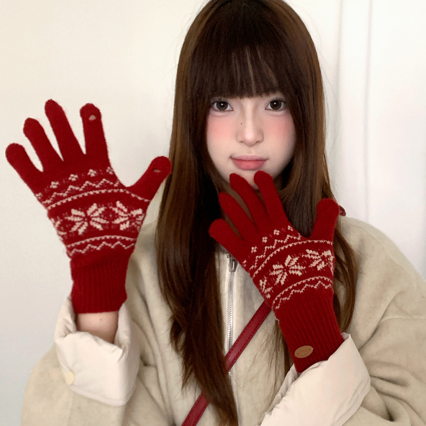 红色费尔岛提花针织手套女可触屏