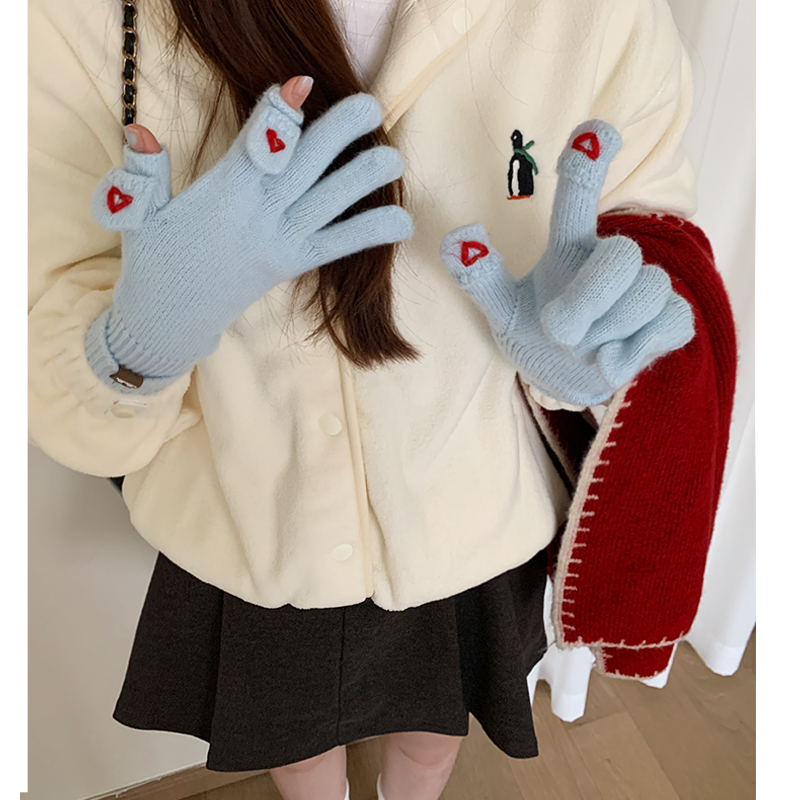 含羊毛韩版爱心刺绣针织手套女五指露两指秋冬可触屏保暖骑行防寒