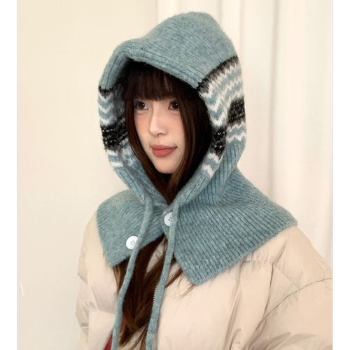 费尔岛蓝色提花帽子围巾一体女冬