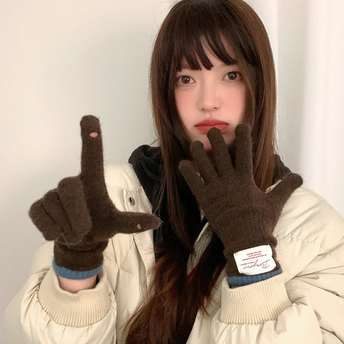 可触屏韩系贴布保暖针织手套女冬