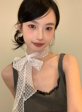 白色蕾丝刺绣长条丝巾女韩系菱格设计飘带高级感系脖绑发颈带发带