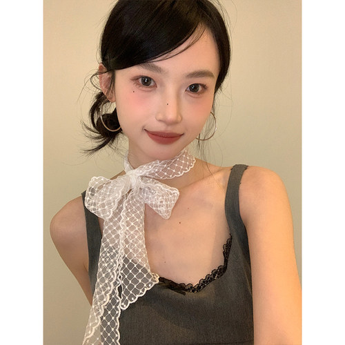 韩系菱格白色蕾丝刺绣长条丝巾女