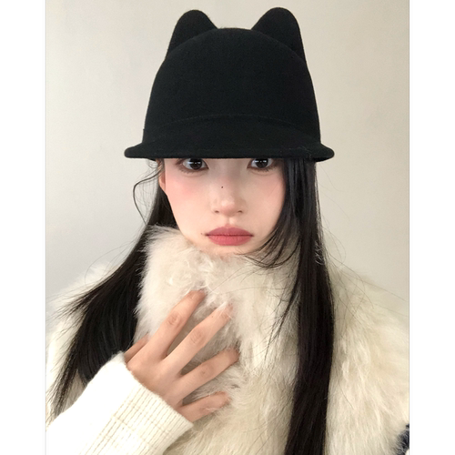 宅女同款纯羊毛可爱猫耳朵鸭舌帽
