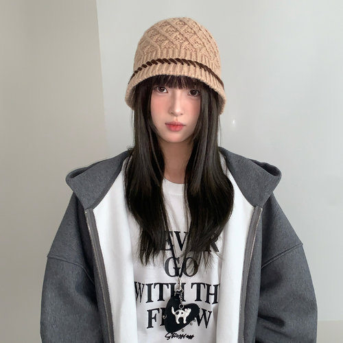 韩版拼色条纹针织渔夫帽子女