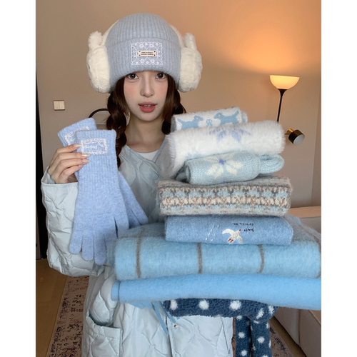 韩系氛围感蓝色格纹针织围巾女