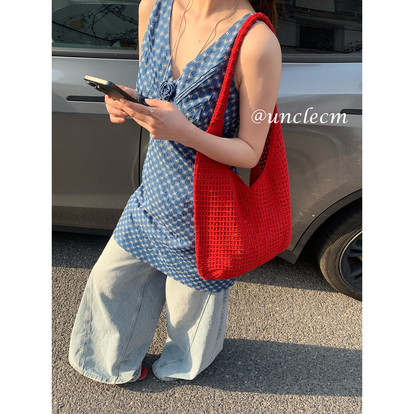 韩系度假风镂空手工编织单肩包女图片