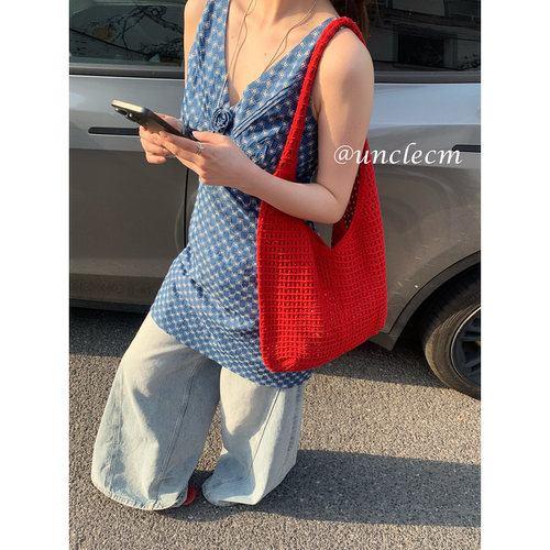 韩系度假风镂空手工编织单肩包女