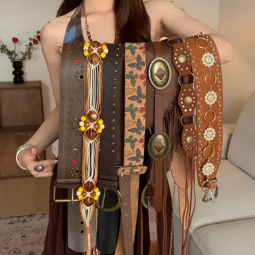 美式复古西部风铆钉腰带女士