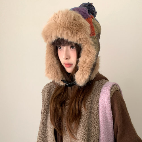 复古拼色菱格毛绒雷锋帽子女冬季