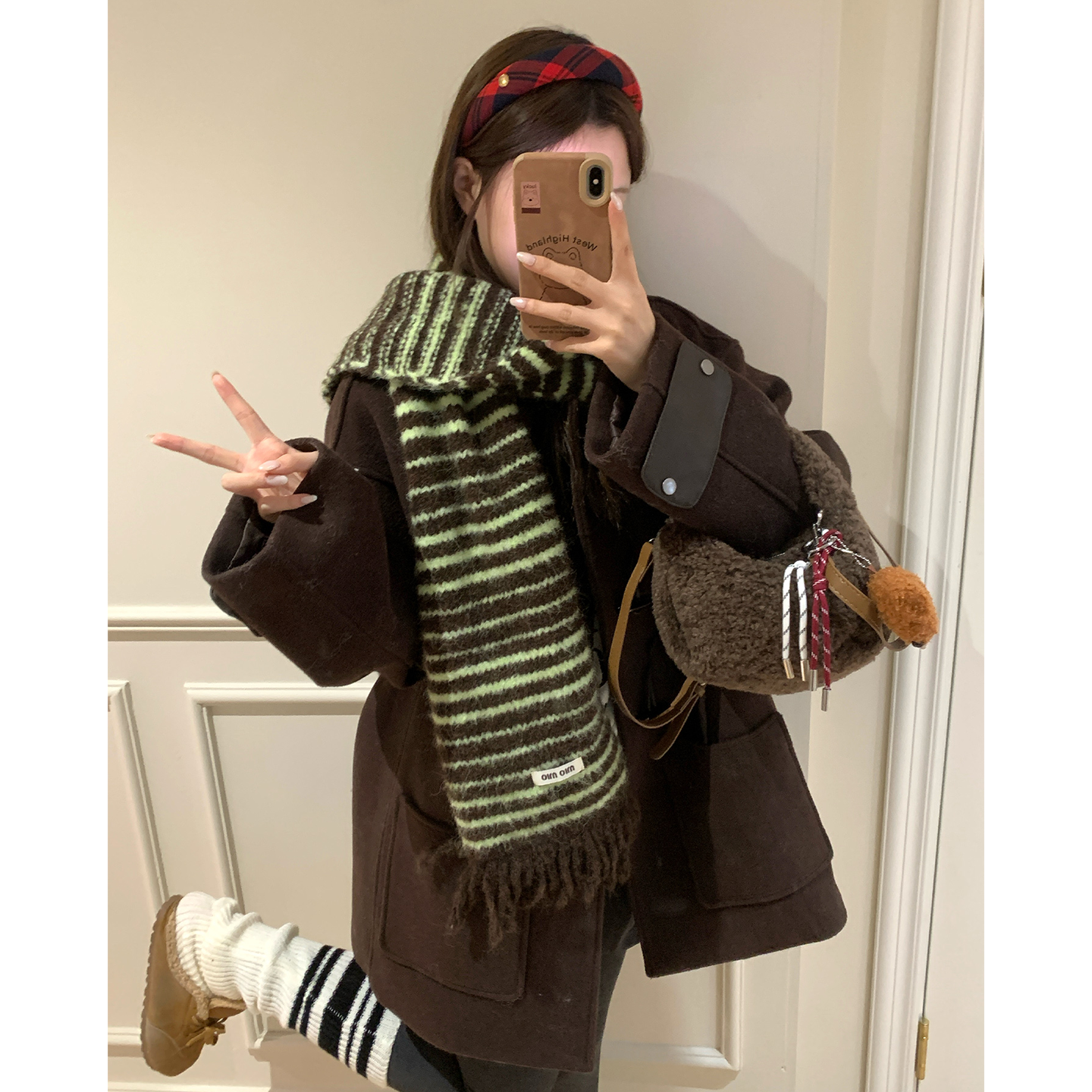 韩版条纹拼接字母围巾女款秋冬季长款加厚保暖氛围感针织围脖学生
