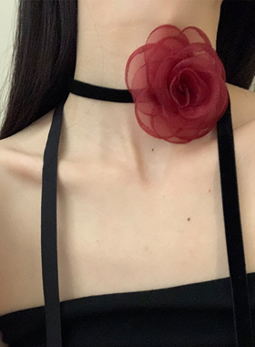 花朵高级感项链颈项圈脖子配饰系花choker锁骨链女黑色带颈链颈花