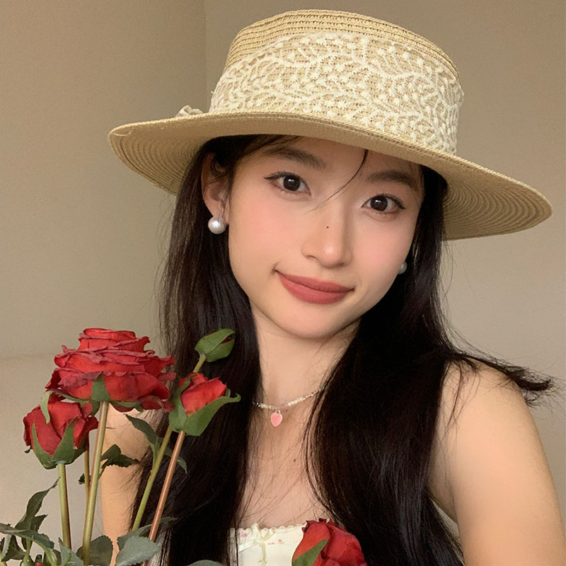 蝴蝶结系带草帽女夏季出游显脸小防晒遮阳防晒帽韩版百搭编织帽子