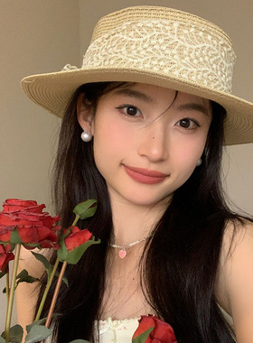 蝴蝶结系带草帽女夏季出游显脸小防晒遮阳防晒帽韩版百搭编织帽子