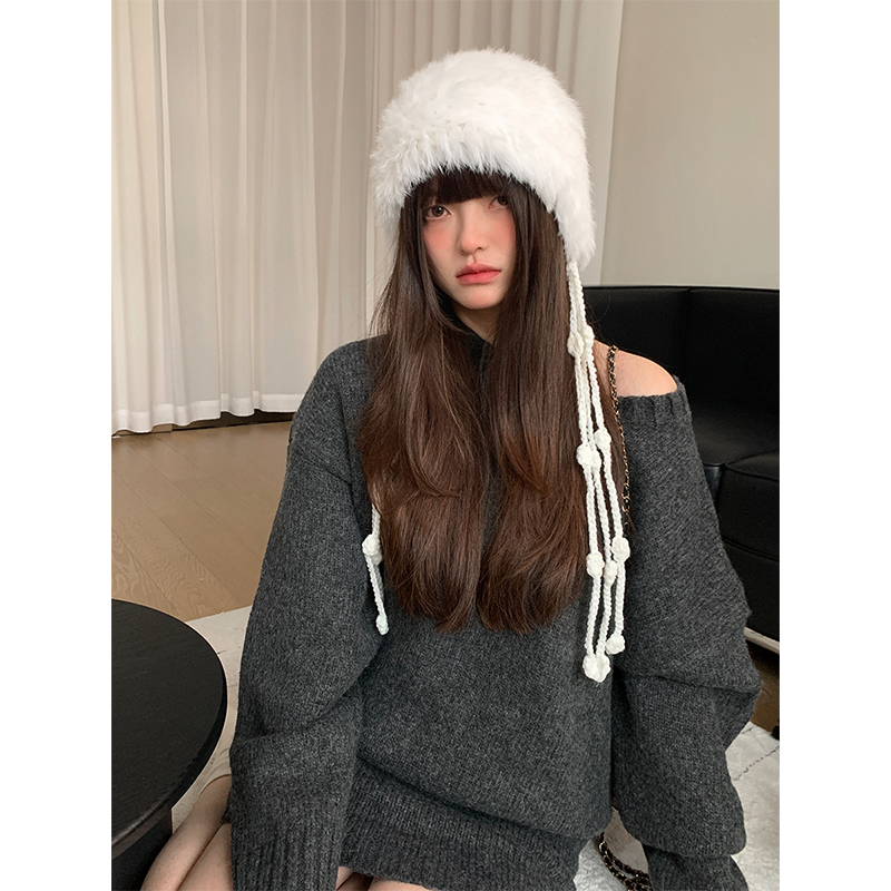 毛绒流苏针织毛线帽子女大头围护耳显脸小保暖包头帽防寒雷锋帽潮