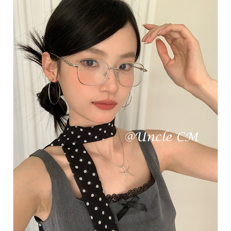 日系高级感金属银框眼镜女