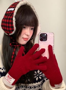 纯羊毛可触屏红色针织手套女秋冬季保暖防寒户外骑行防风分指百搭