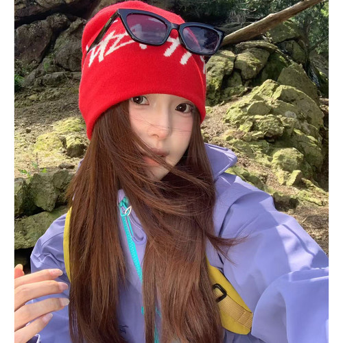 美式朋克风字母提花红色堆堆帽女