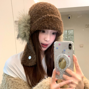 含羊毛复古棕色毛绒雷锋帽子女款冬季保暖防寒护耳帽大头围针织帽
