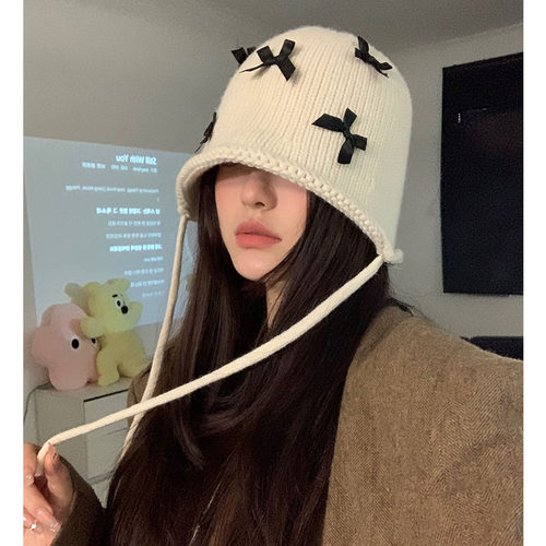 可爱女秋冬蝴蝶结针织帽保暖护耳