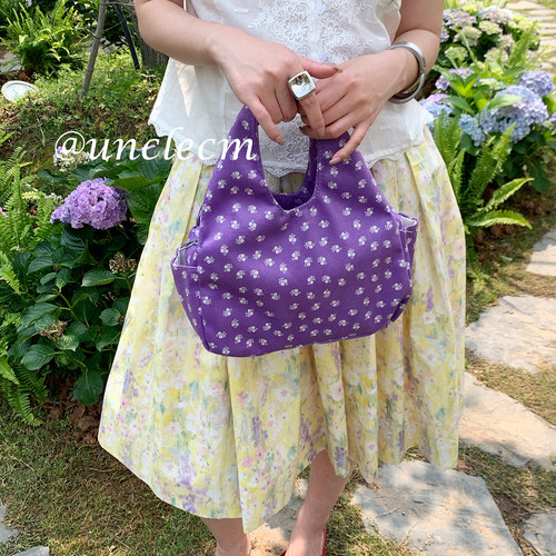 法式紫色碎花手提包女设计感