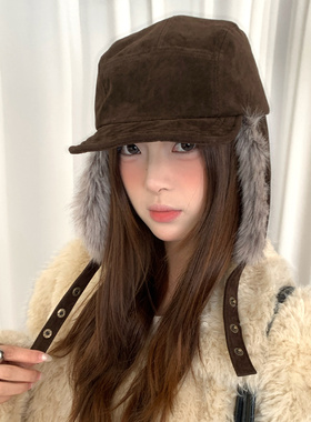 复古麂皮毛绒护耳雷锋帽子女款冬