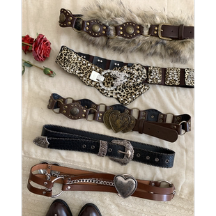 复古y2k千禧风铆钉腰带女小众辣妹风宽版 美式 腰封设计感棕色皮带