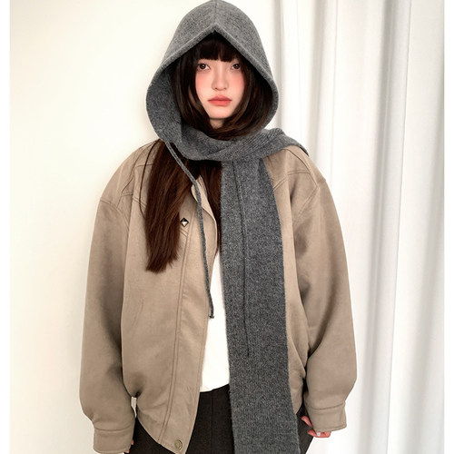 红色秋冬季韩系帽子围巾一体女