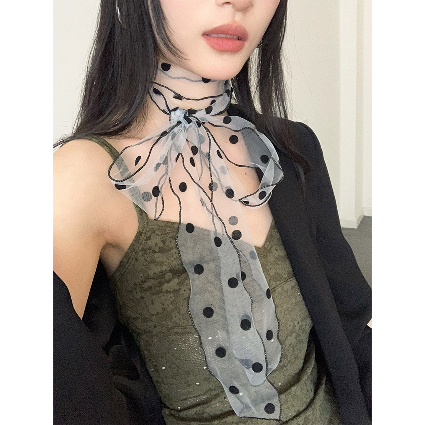 高级感蕾丝网纱波点丝巾女2026新款夏季薄款甜美百搭围巾飘带颈饰
