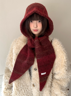 新年红色帽子围巾一体女冬季保暖护耳巴拉克拉法帽防寒连帽围脖潮