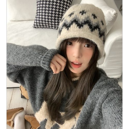 复古提花针织包头帽子女