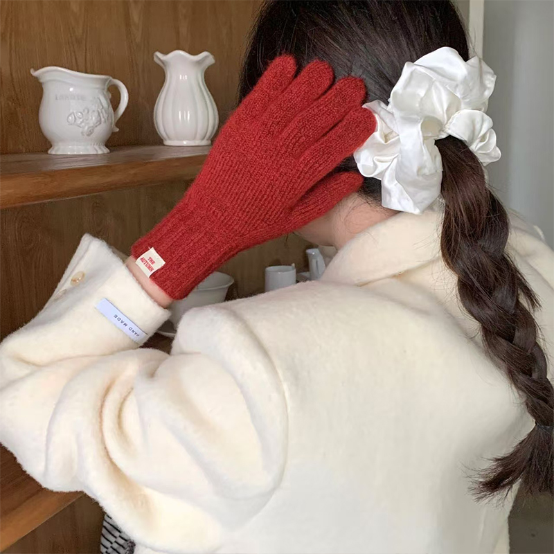 毛线针织可触屏保暖分指手套女