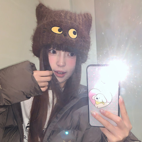 甜酷风可爱猫咪毛绒针织帽子女