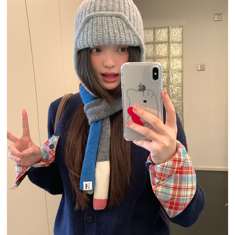 针织拼色细长窄版围巾女小众含羊毛秋冬新款时髦护颈保暖围脖配饰