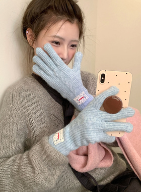 可触屏加厚保暖手套女冬季韩系ins针织户外骑行防寒蓝色分指手套