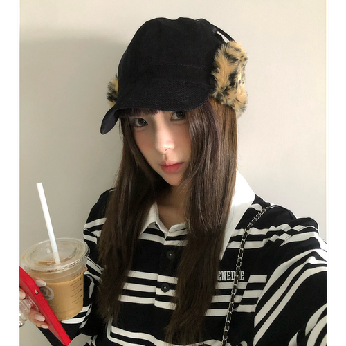 复古毛绒豹纹拼接鸭舌帽子女